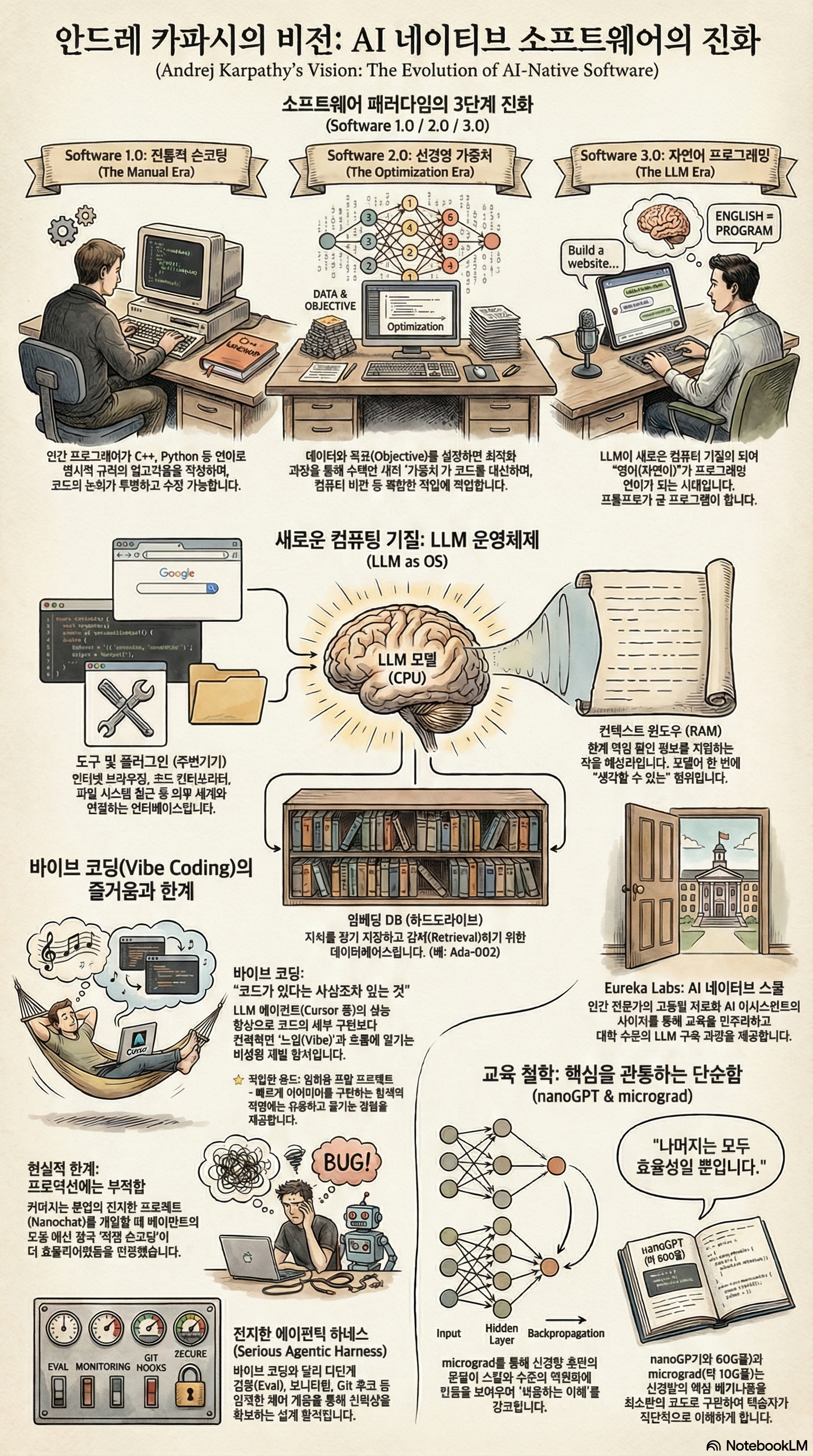 Karpathy 의 Software 1/2/3.0 과 LLM as OS 비전을 한 페이지로 정리한 인포그래픽
